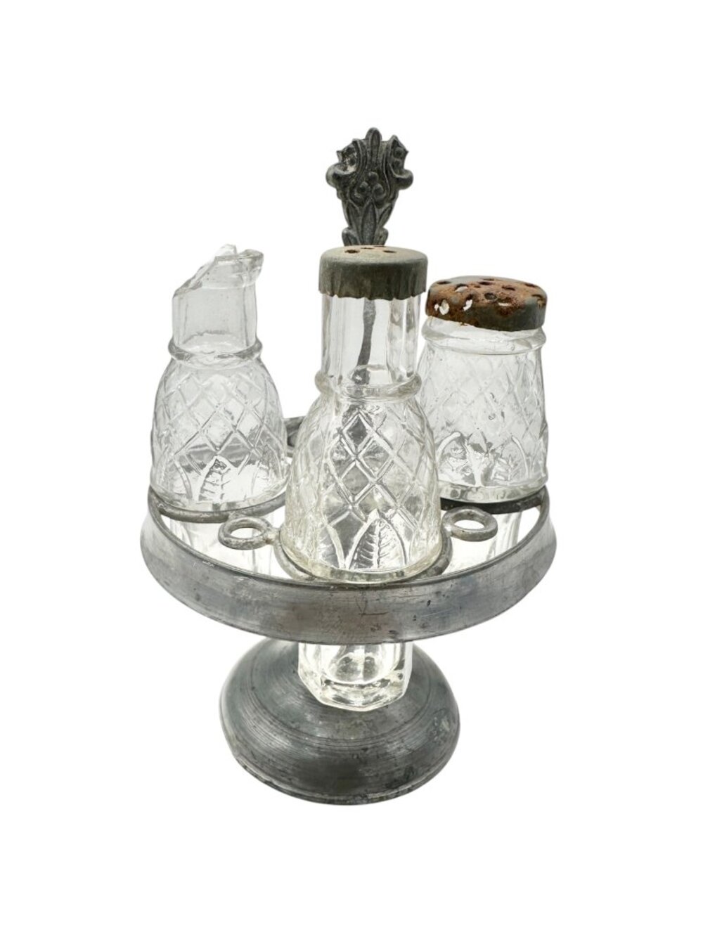 Antique Childrens Castor Cruet Partial Set - 3 Glass Bottles & Stand SEE DETAILS
